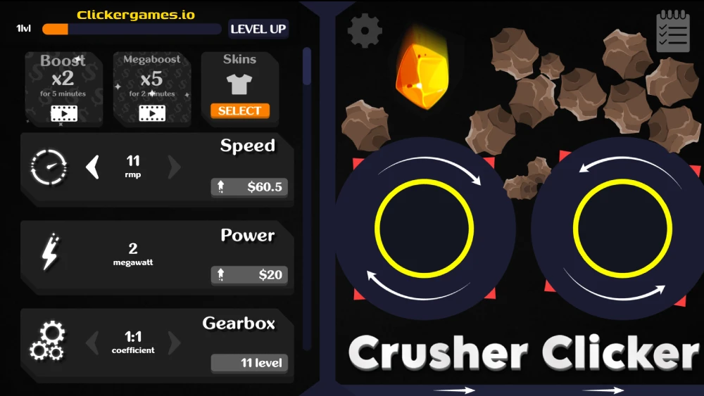 Una potente prensa hidráulica triturando cristales de colores en Crusher Clicker.