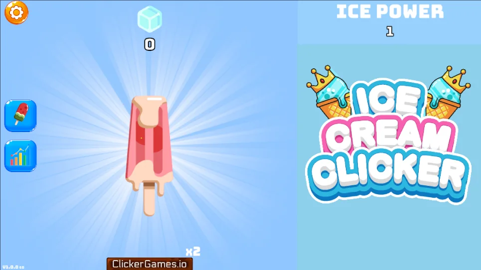 Gameplay de Ice Cream Clicker mostrando o sorvete e o menu de upgrades